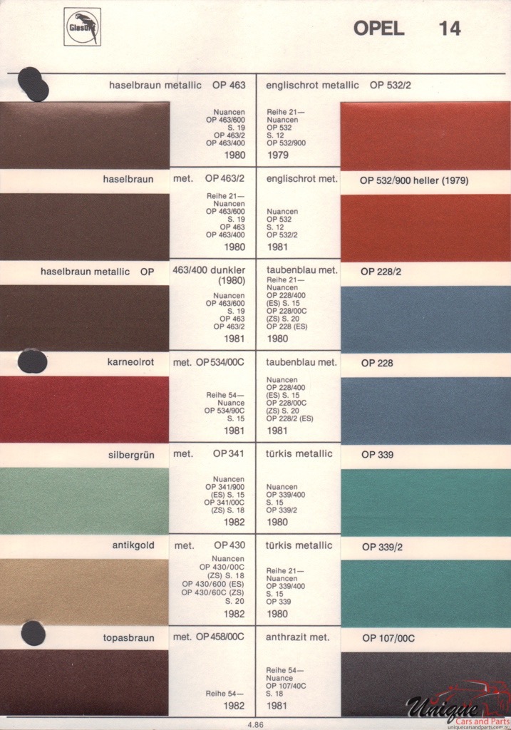1982 Opel Paint Charts Glasurit 3